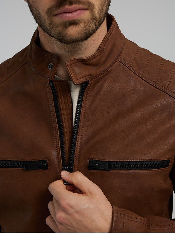 Casual Brown Biker Leather Jacket - LJ