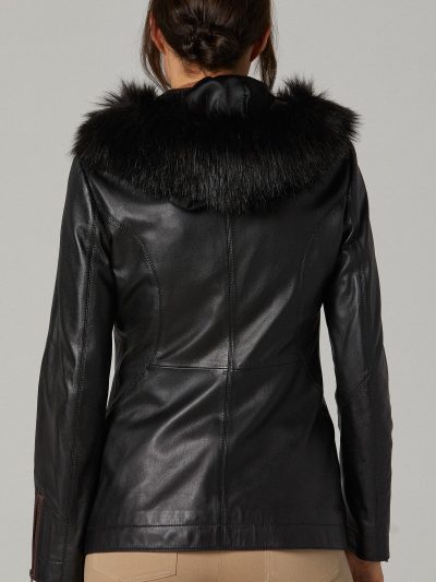 Women Black Lambskin Leather Hooded  Jacket