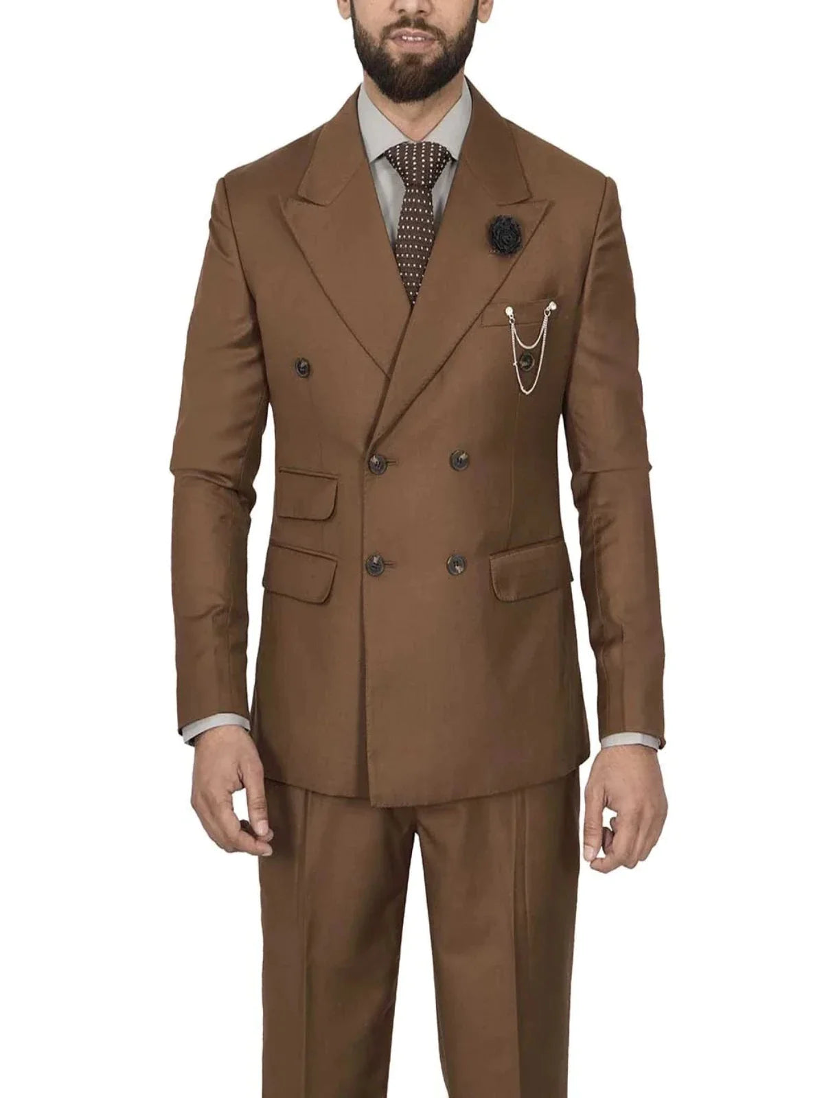 Mens Double Breasted Two Piece Brown Cotton Suit