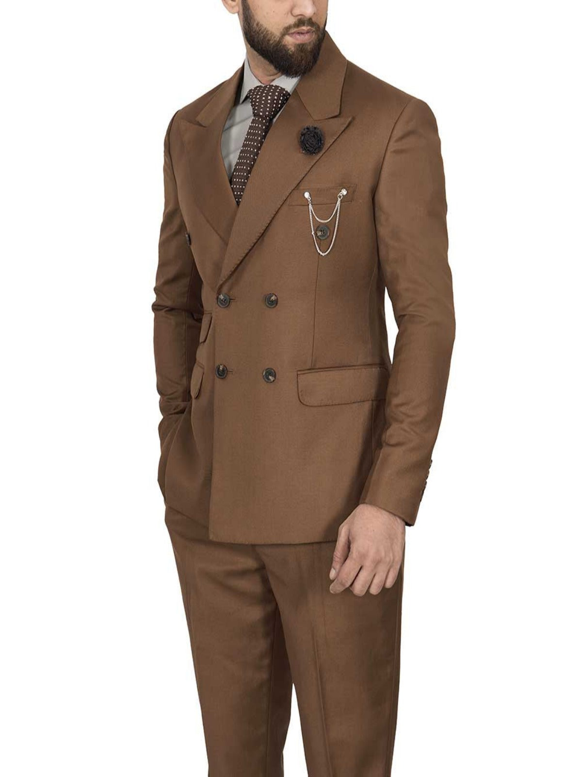 Mens Double Breasted Two Piece Brown Cotton Suit