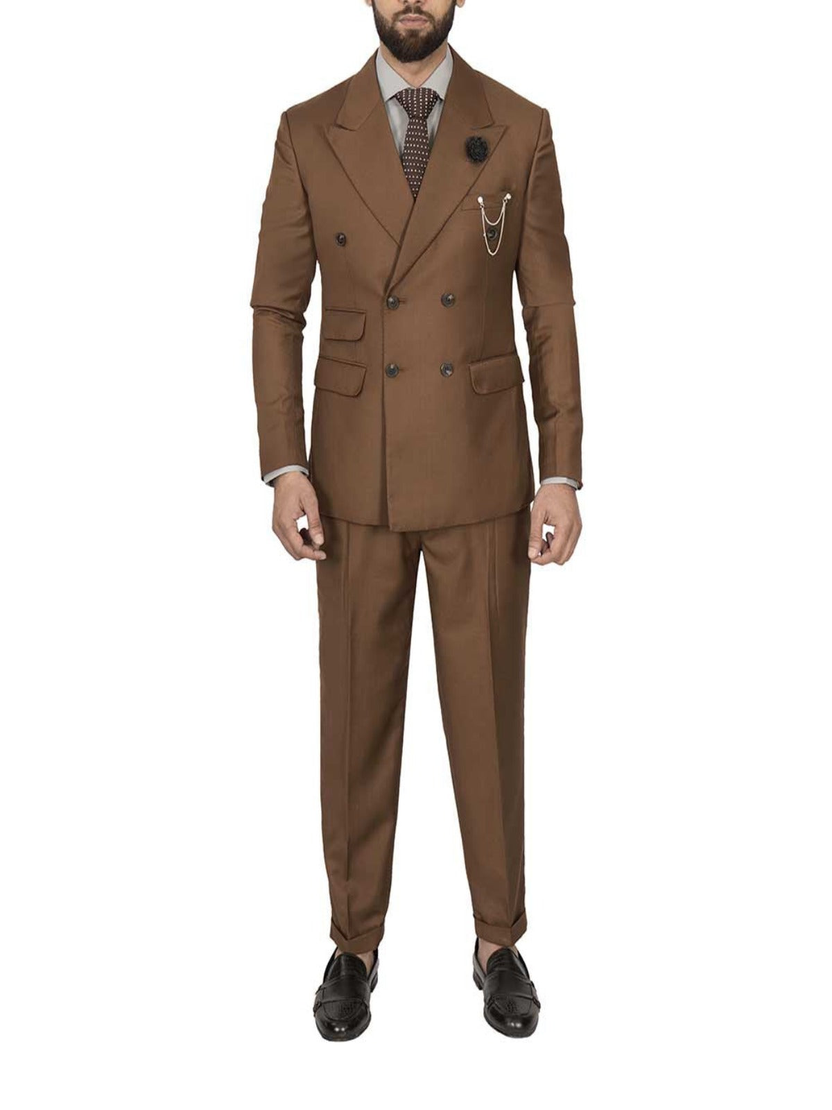 Mens Double Breasted Two Piece Brown Cotton Suit