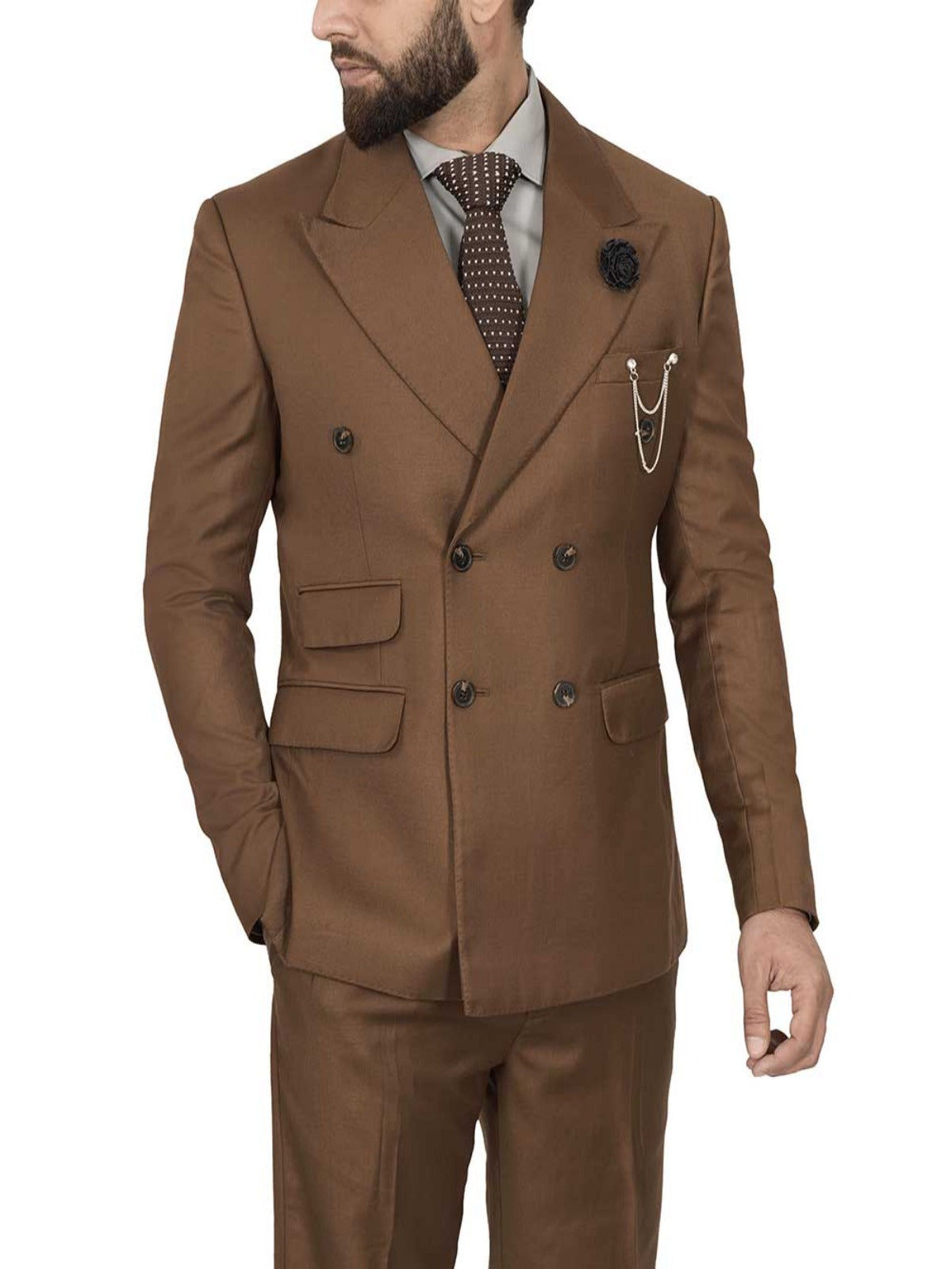 Mens Double Breasted Two Piece Brown Cotton Suit