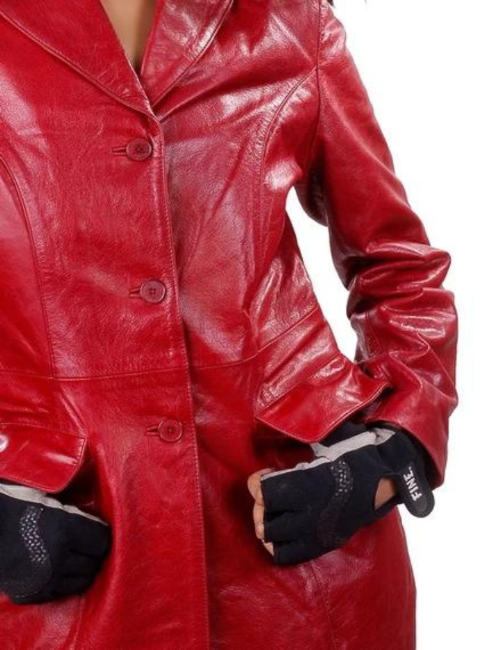 Women's Red Real Leather Biker Coat