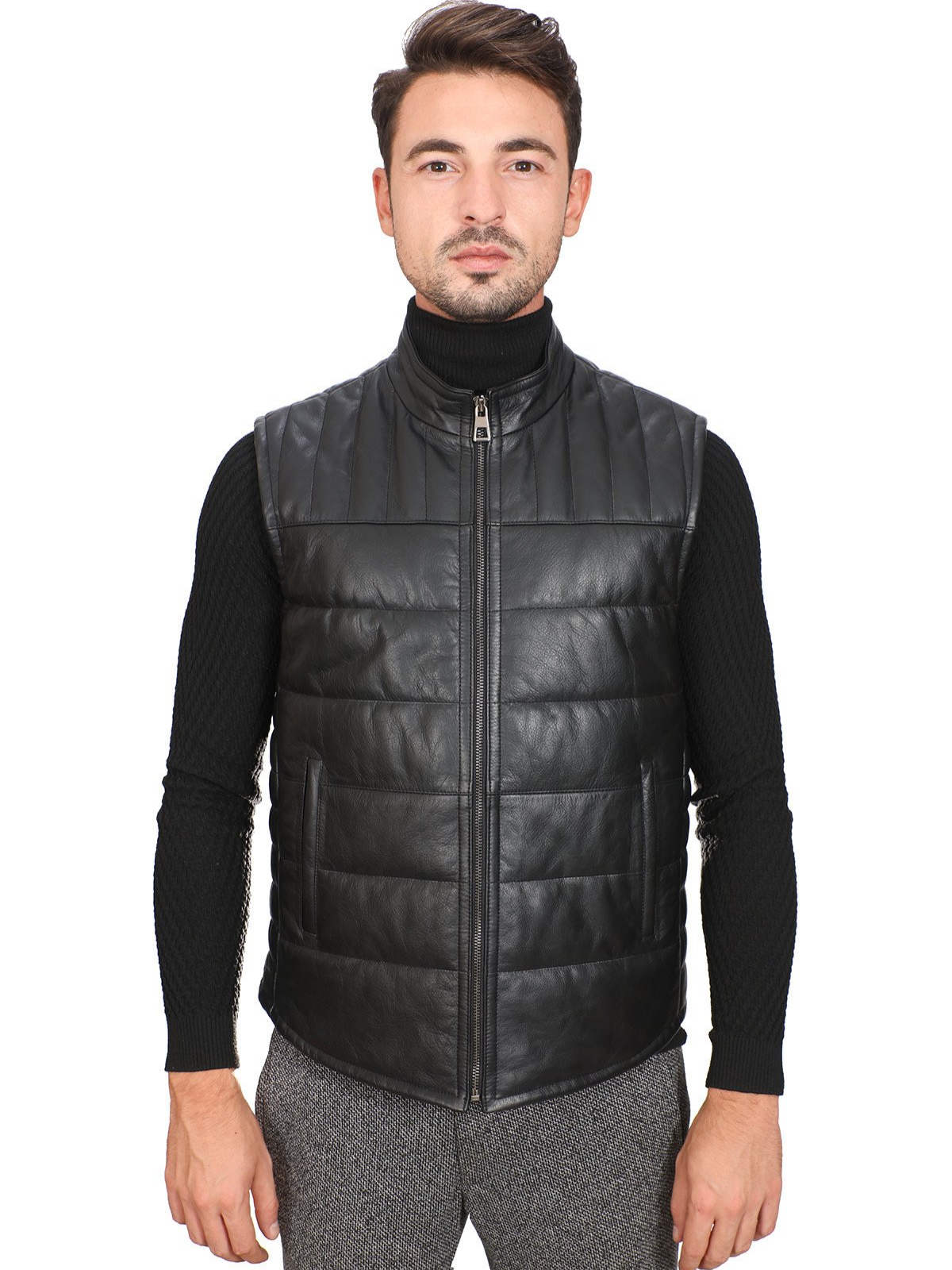 Men Black Real Leather Vest - LJ.com