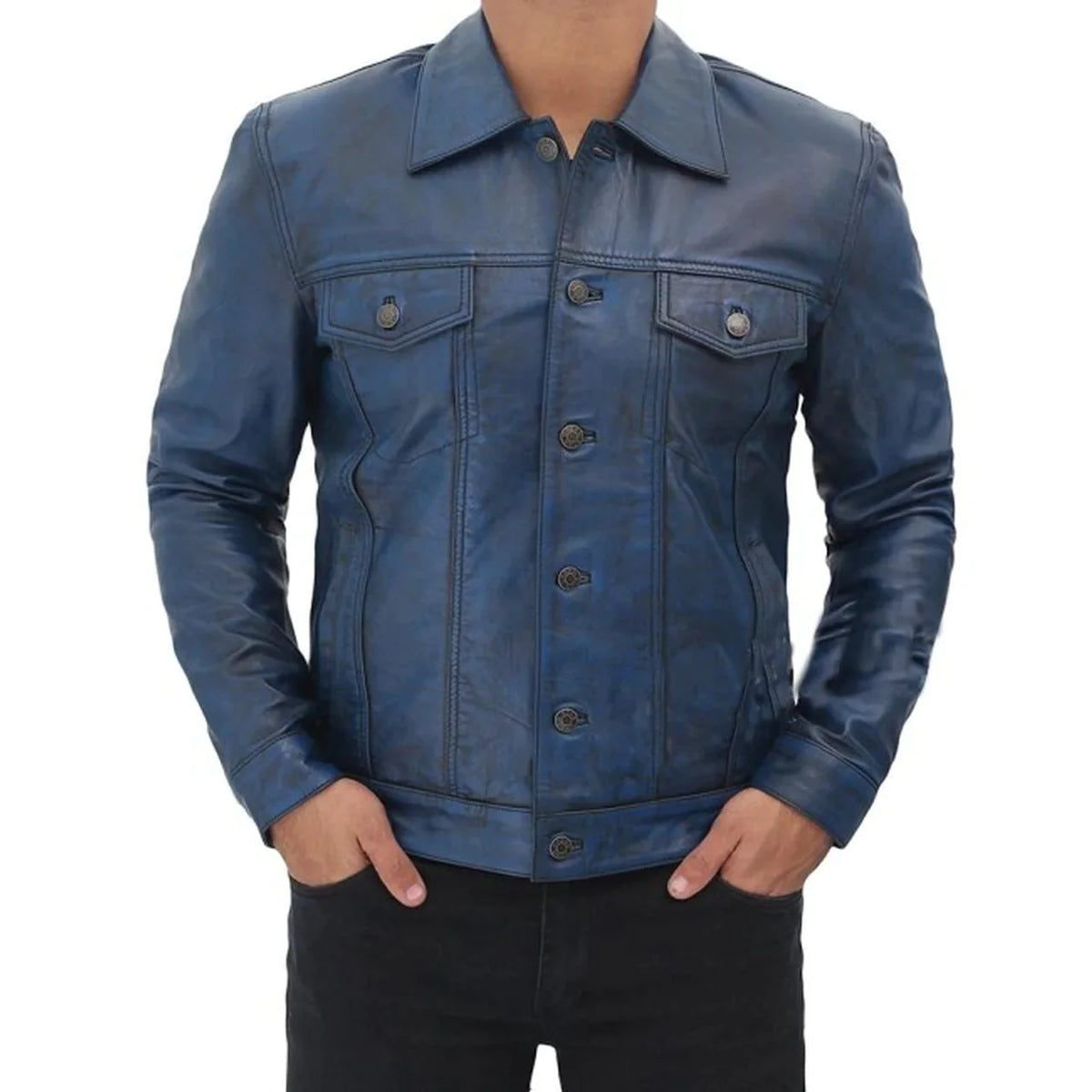 Men's Blue Trucker Distressed Leather Jacket