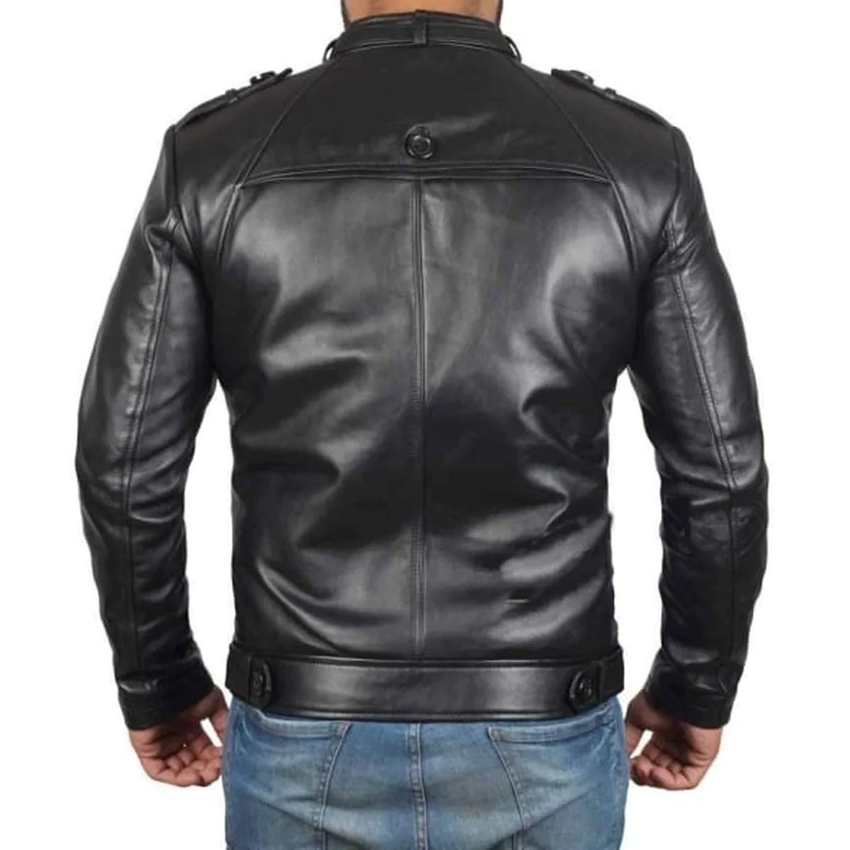 Men's Black Belted Collar Genuine Leather Biker Jacket