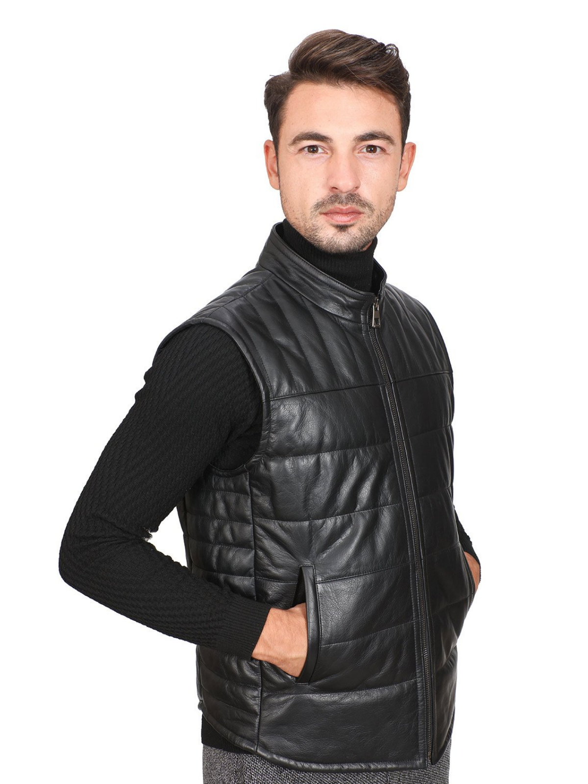 Men Black Real Leather Vest - LJ.com