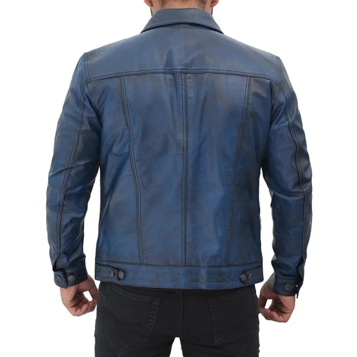 Men's Blue Trucker Distressed Leather Jacket