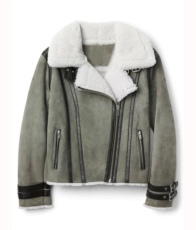 Womens Grey Leather Shearling Motorcycle Jacket