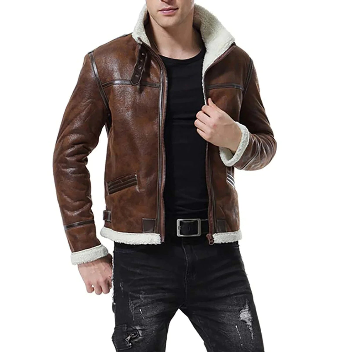 Men's Brown Shearling Genuine Leather Jacket
