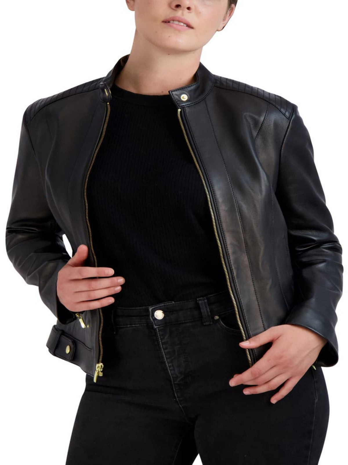 Womens Racer Black Band collar Leather Jacket