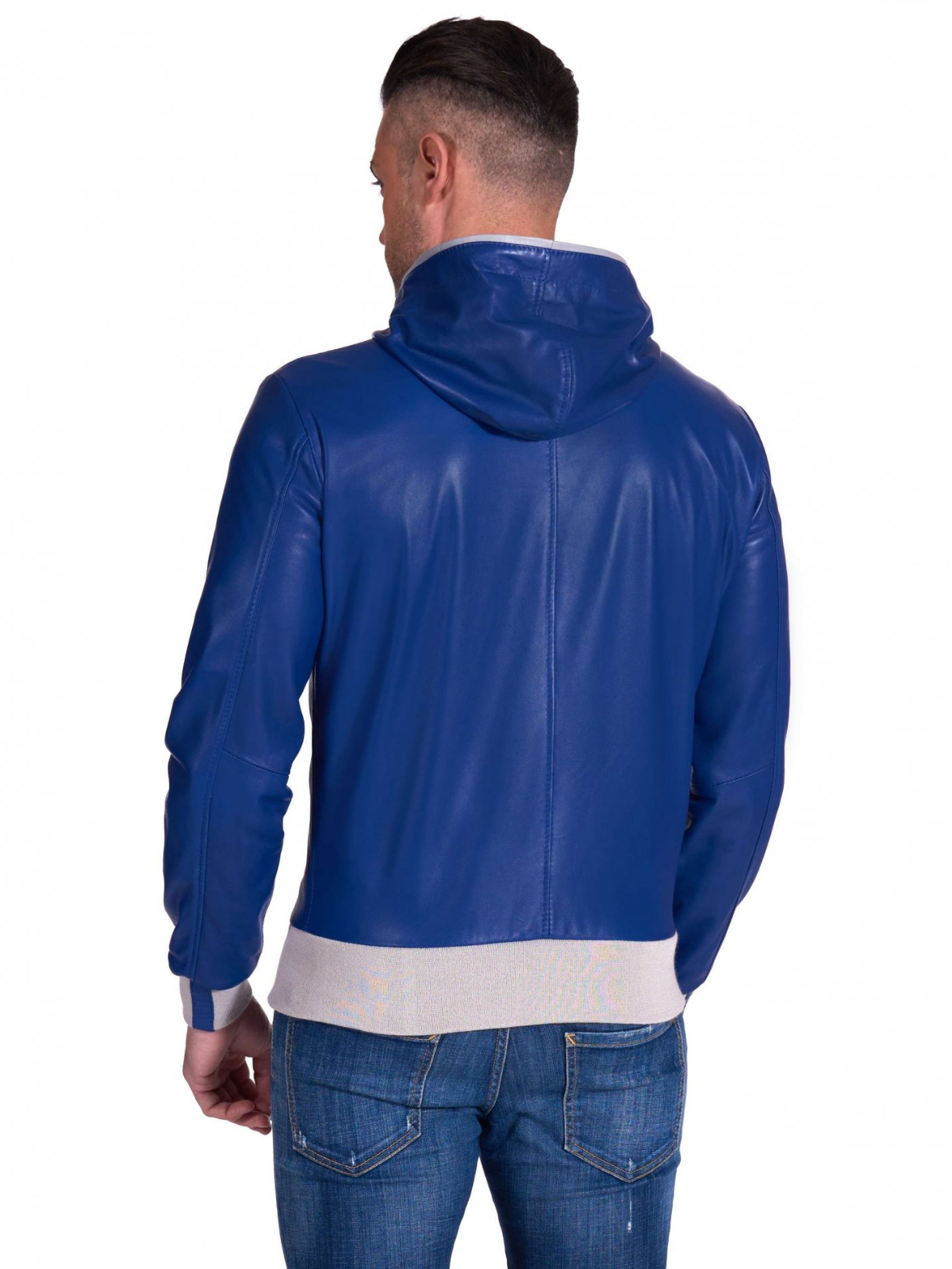 Black Leather Mens biker Blue hooded collar Jacket - LJ