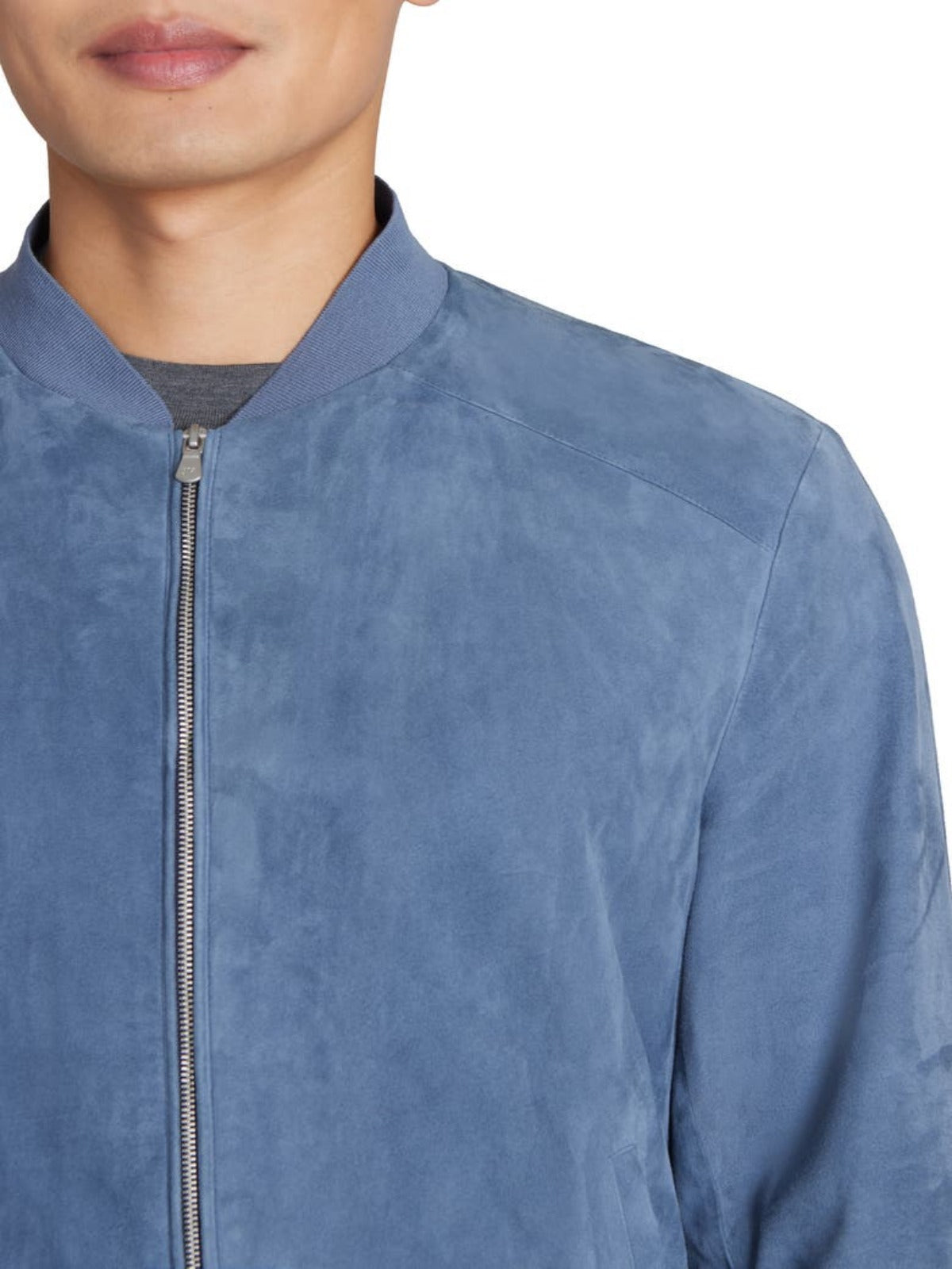 Mens Blue Suede Leather Bomber Jacket