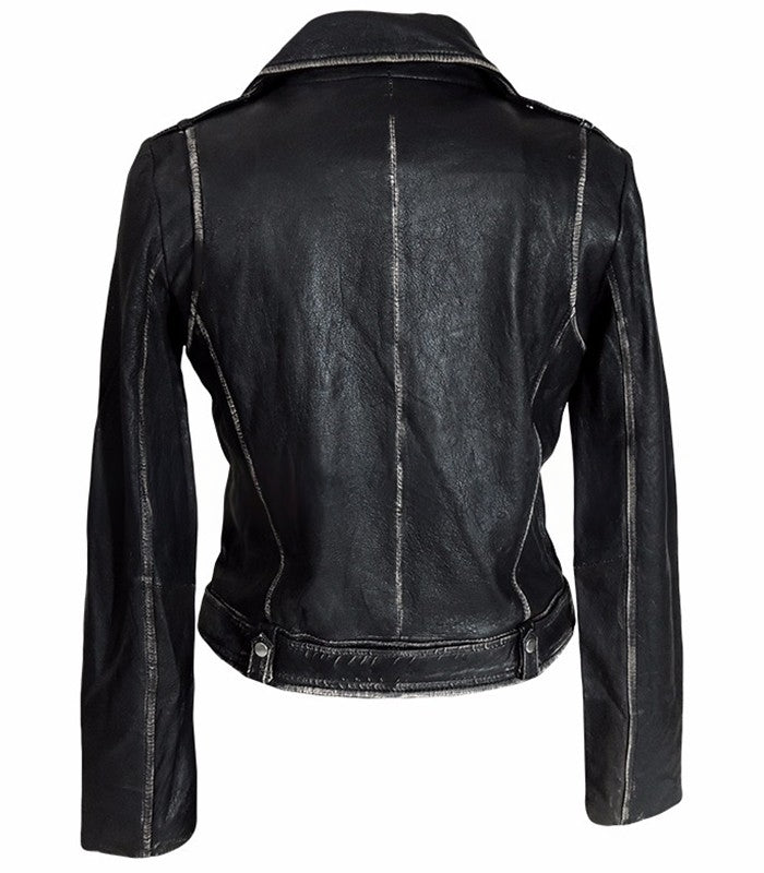 Womens Distressed Belted Designer Black Leather Jacket