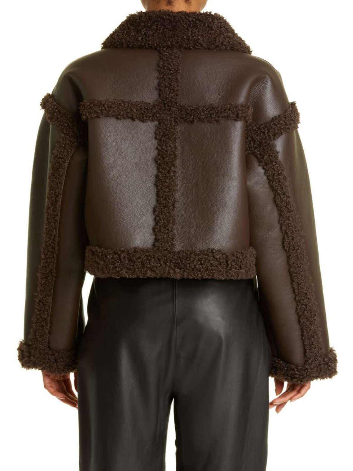 Women's Double Breasted Shearling Trim Brown Leather Jacket