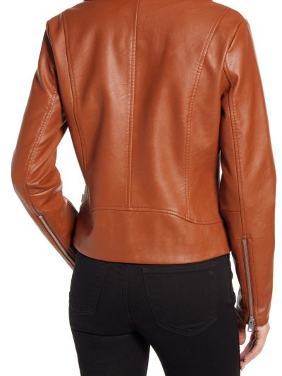Brown Lapel Collar Leather Jacket For Women