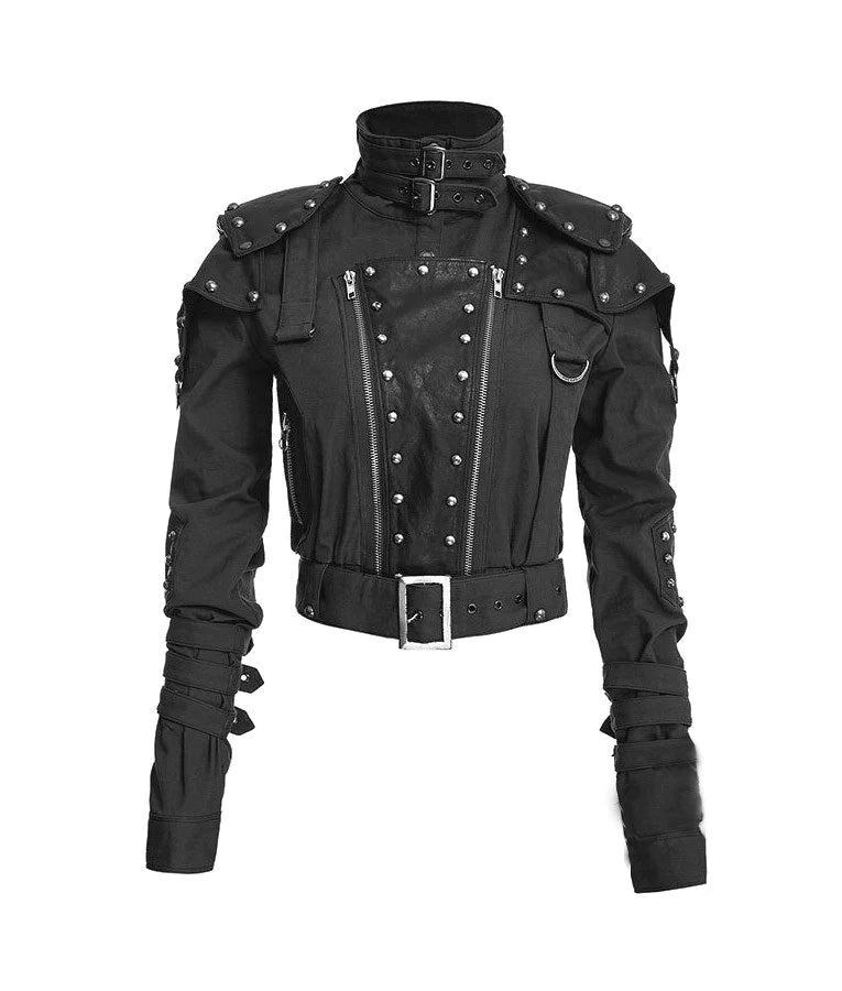 Womens Designer Black Studded Military Cropped Jacket