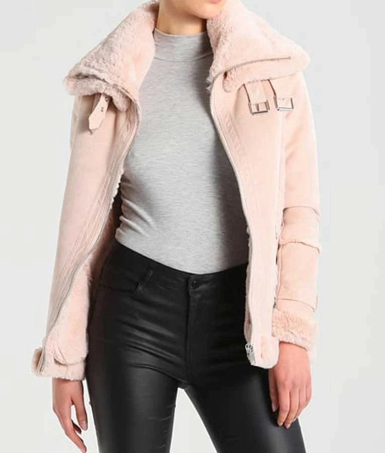 Womens Pink Leather Shearling Jacket