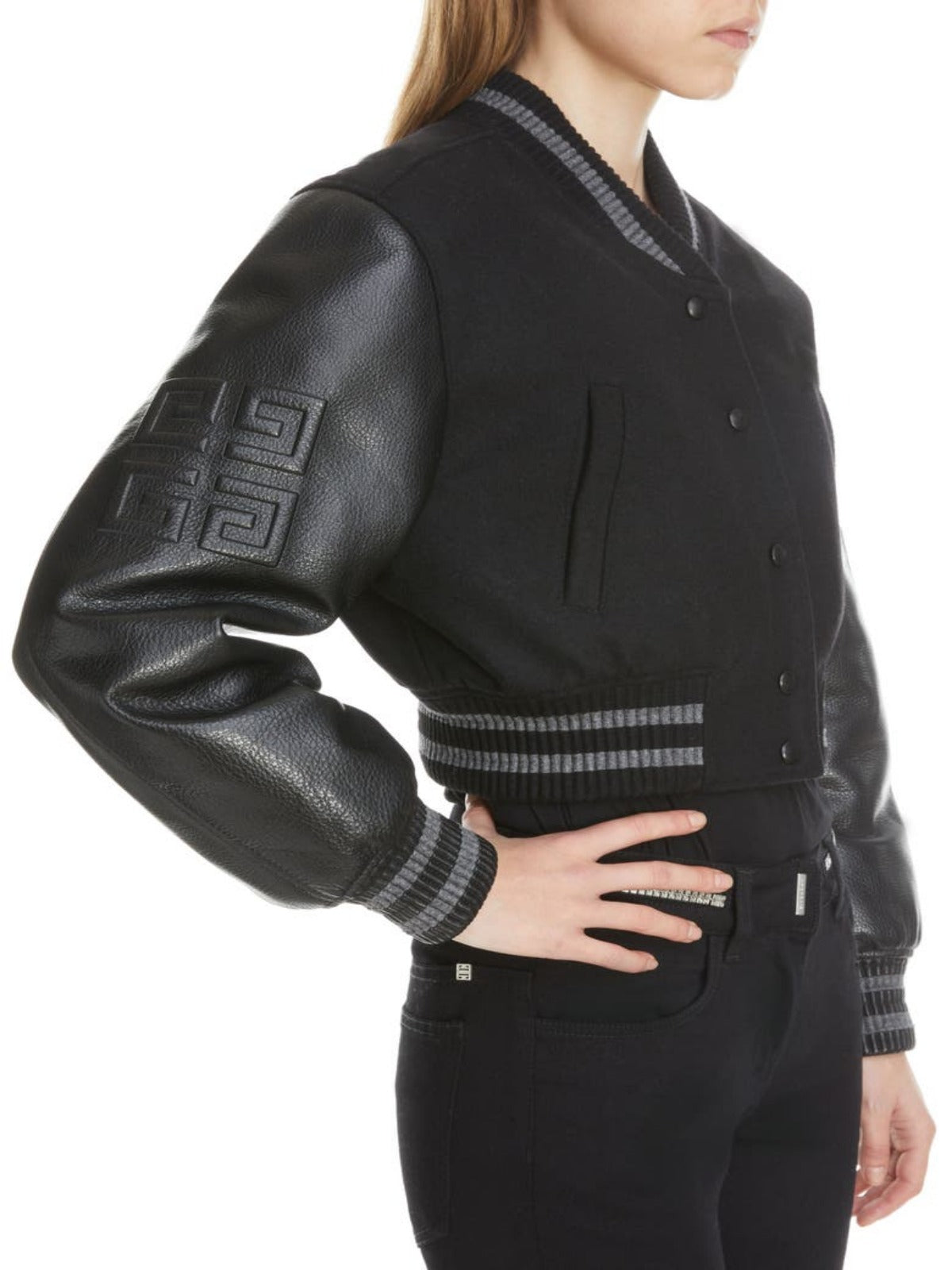 Womens Leather Sleeve Logo Crop Varsity Jacket