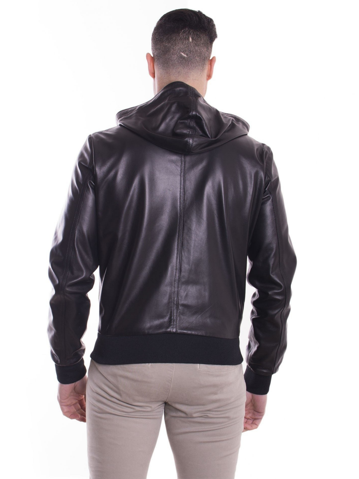 Lambskin Black Leather Mens hooded collar biker Jacket - LJs