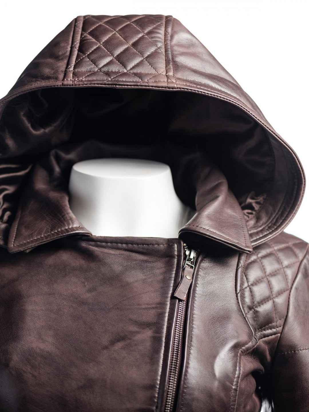 Dark Brown Hooded Biker Leather Jacket