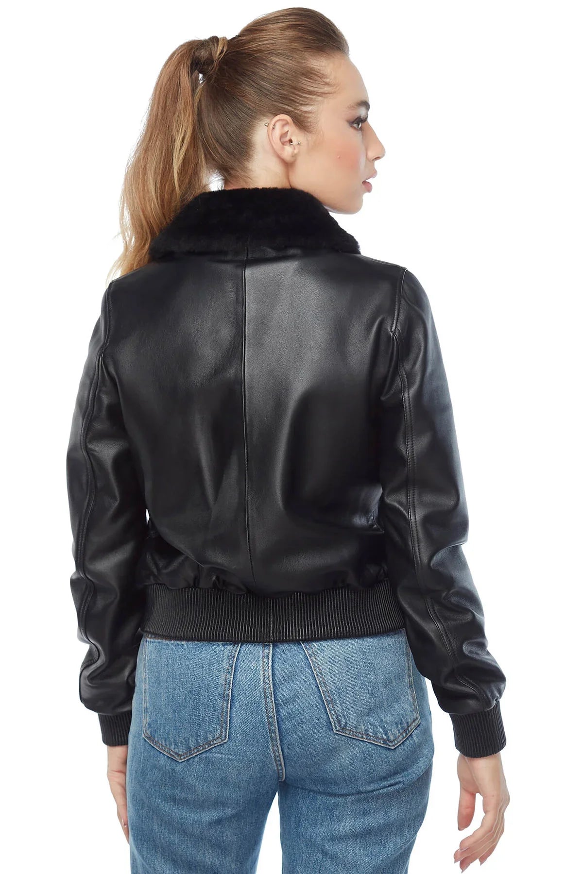 Women's Jet Black Bomber Leather Jacket