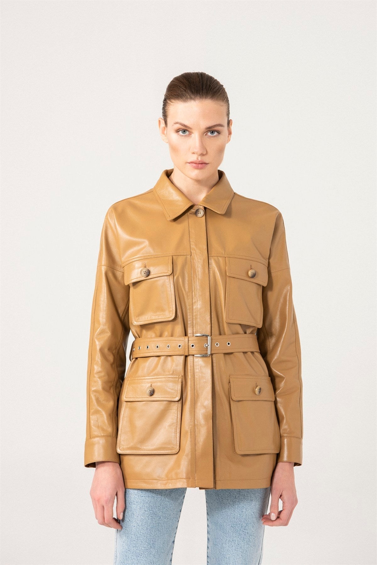 Women Belted Style Real Leather Coat In Tan Color – LJs