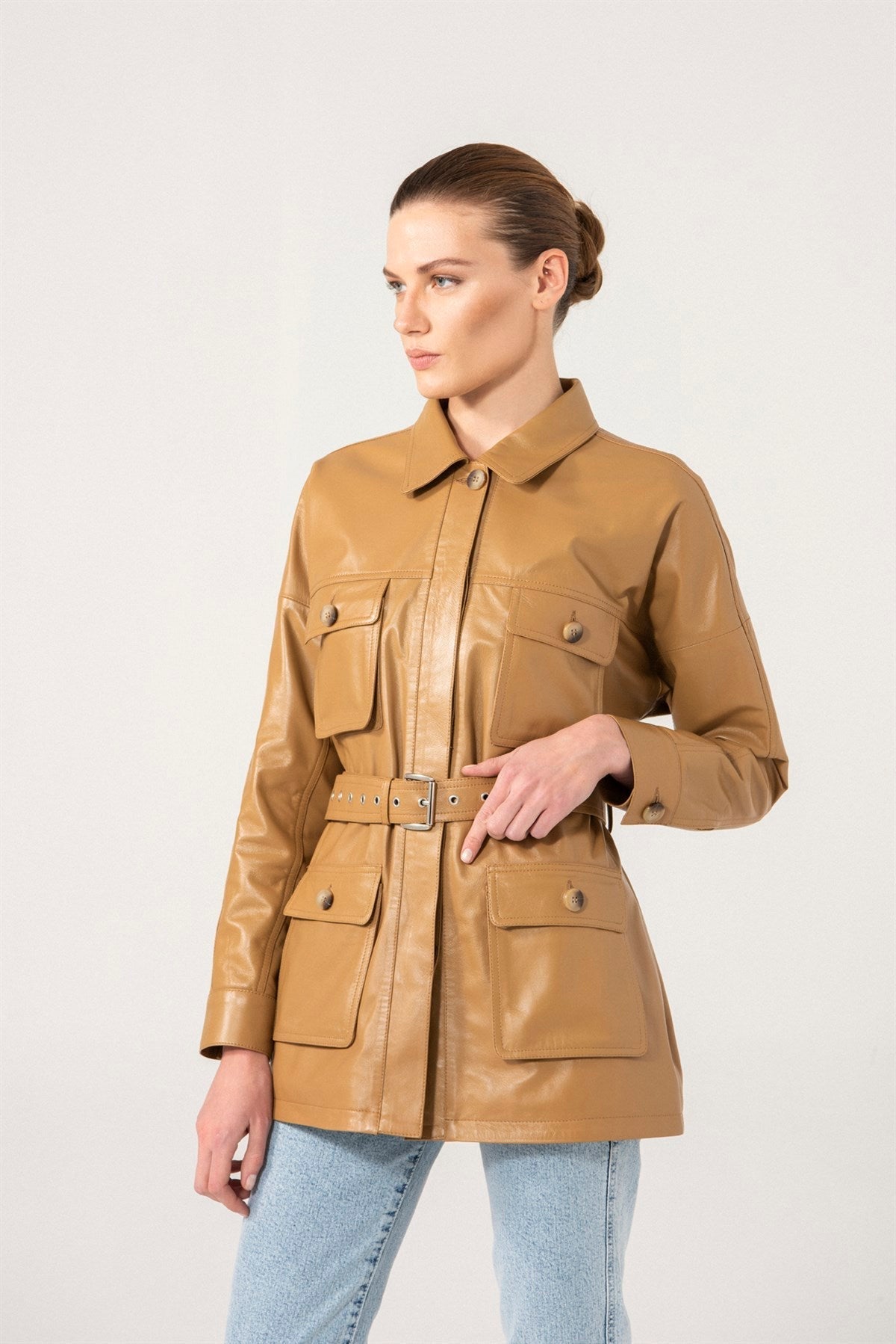 Women Belted Style Real Leather Coat In Tan Color – LJs