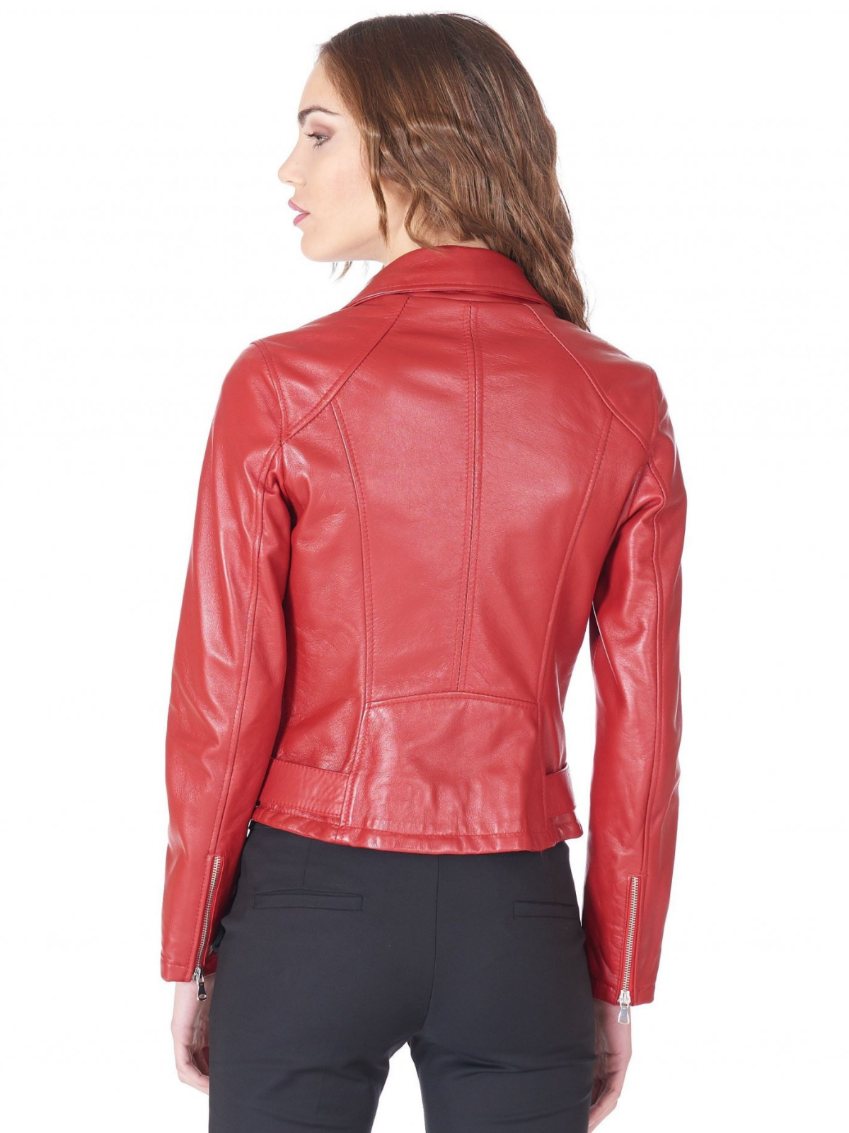 Asymmetrical style Womens hand made Biker Leather Jacket in Red