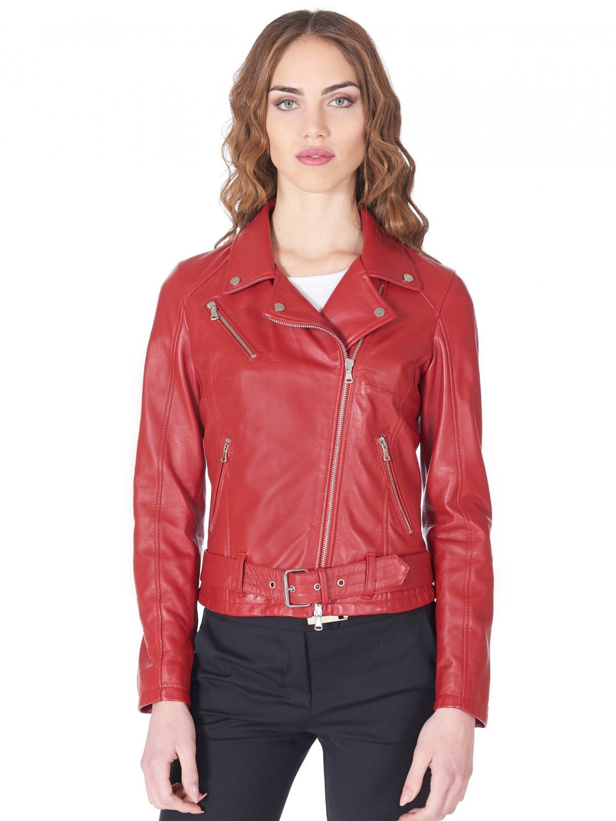 Asymmetrical style Womens hand made Biker Leather Jacket in Red