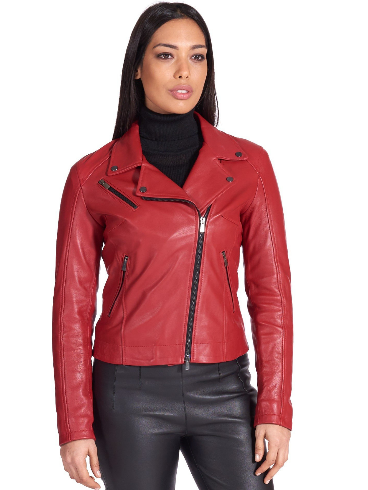 Genuine Red Leather Biker Jacket Women - LJ