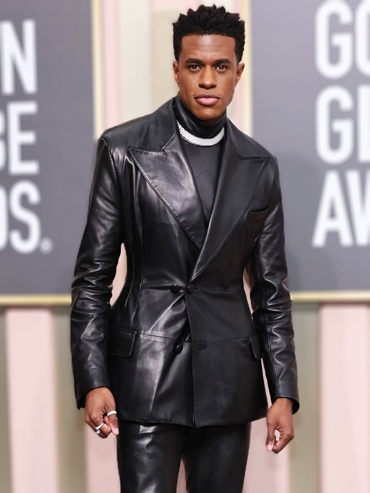 Jeremy Pope Golden Globe Awards 2023 Black Leather Blazer