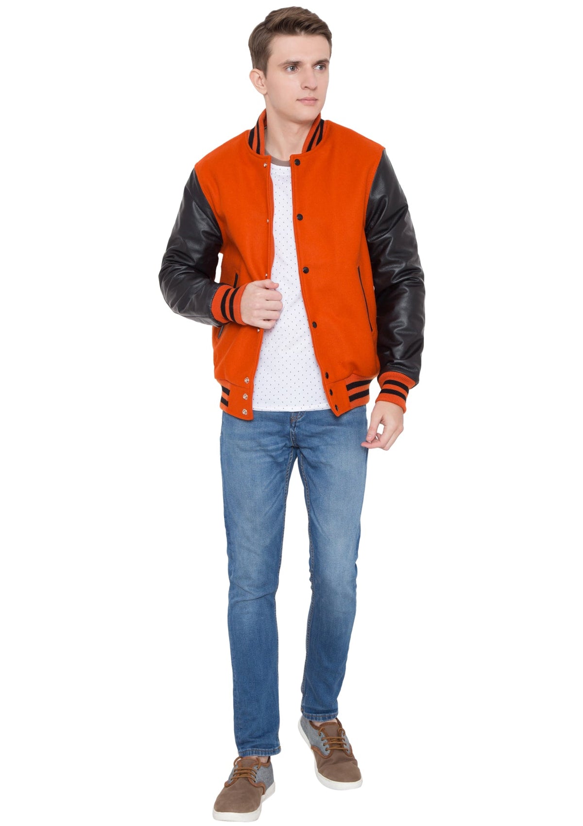 Black Leather Sleeves Orange Wool Varsity Jacket