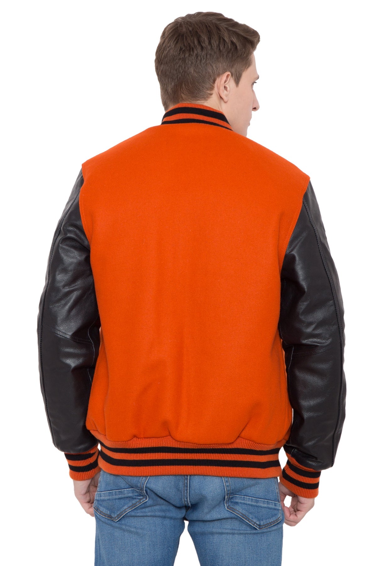 Black Leather Sleeves Orange Wool Varsity Jacket