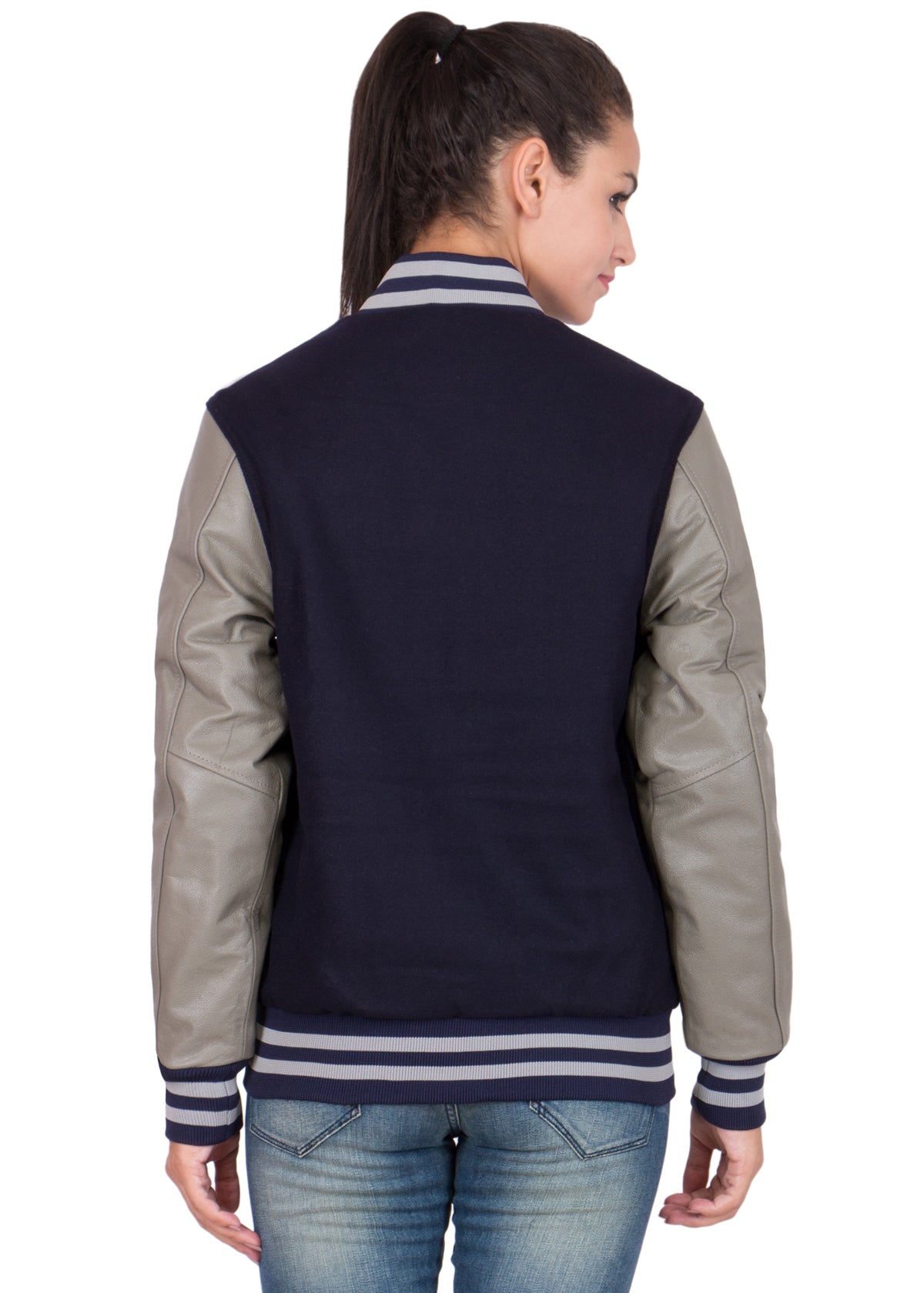 Women's Dark Blue and Grey Varsity Jacket