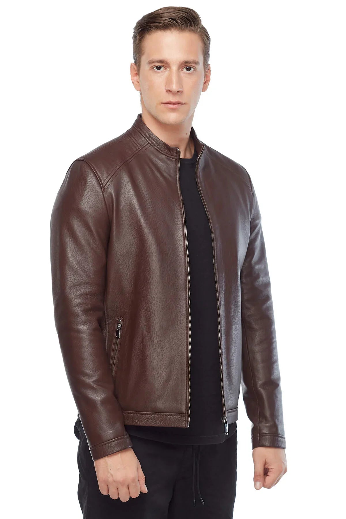 Plain Brown Leather Fashion Biker Jacket