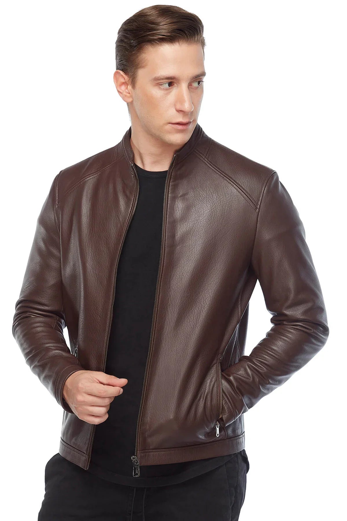 Plain Brown Leather Fashion Biker Jacket