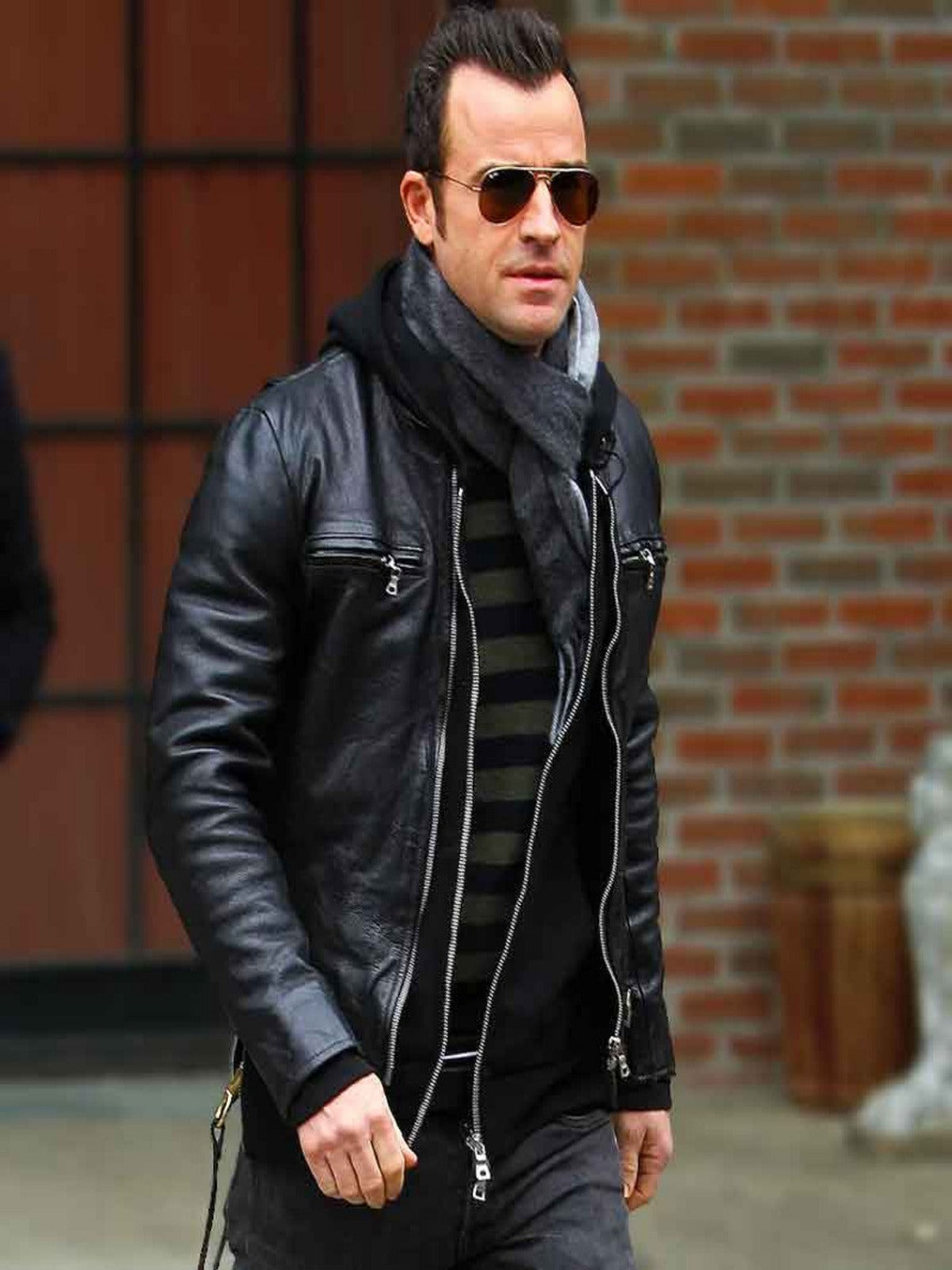 Justin Theroux Biker Style Black Leather Jacket