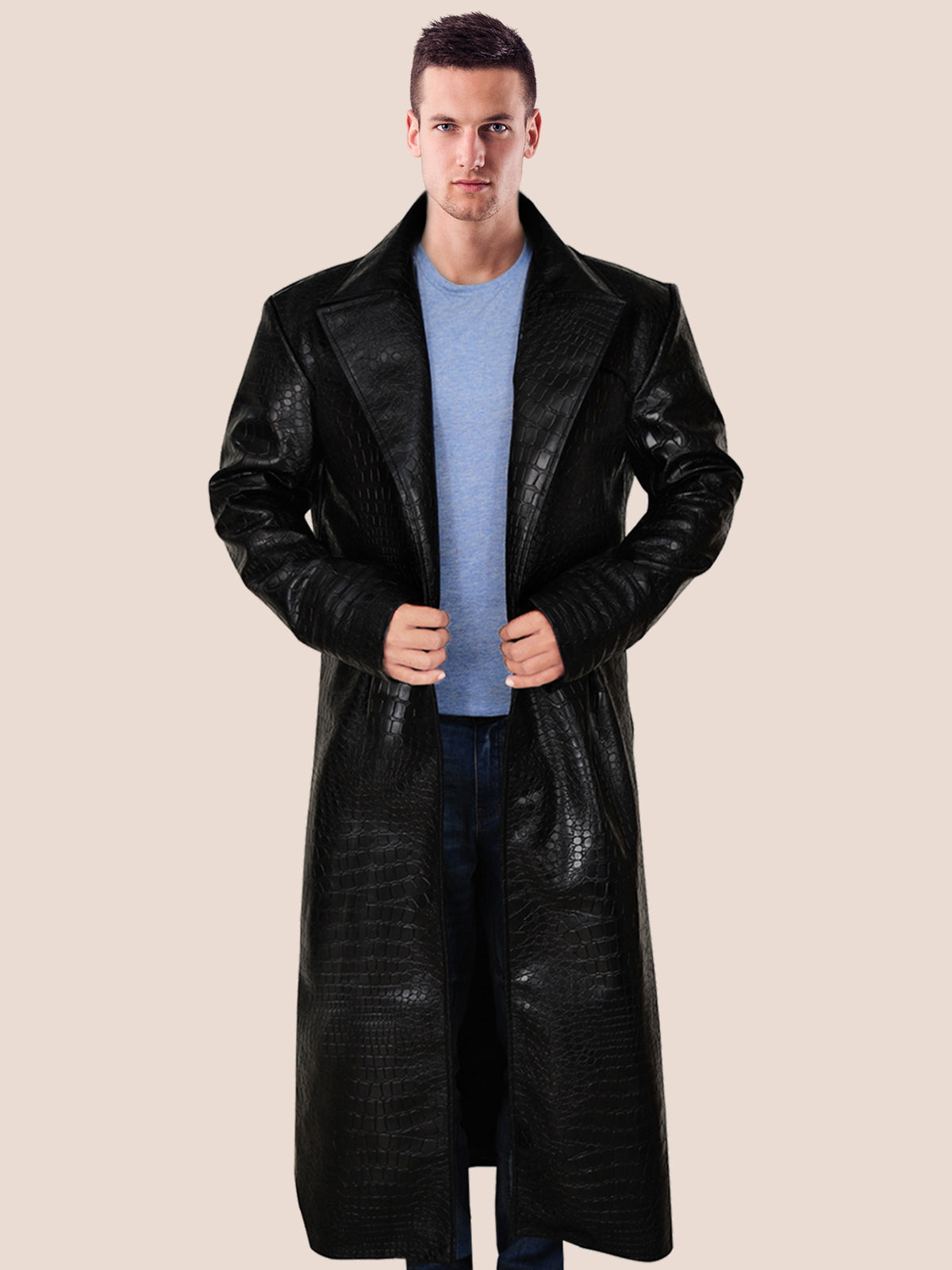 Men Alligator Textured Black Faux Leather Coat