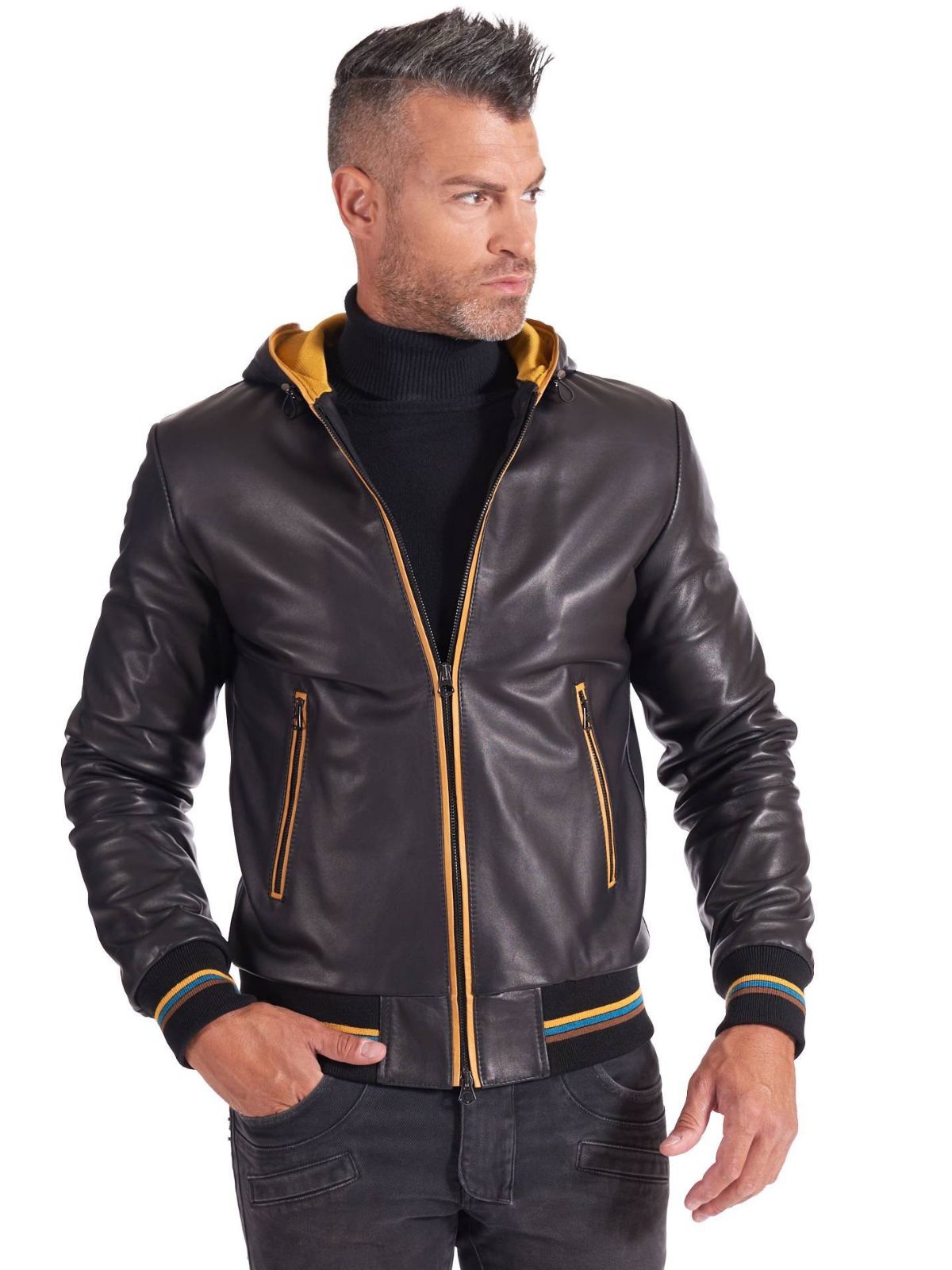 Black and Yellow Men real Leather biker hooded collar Jacket - LJ