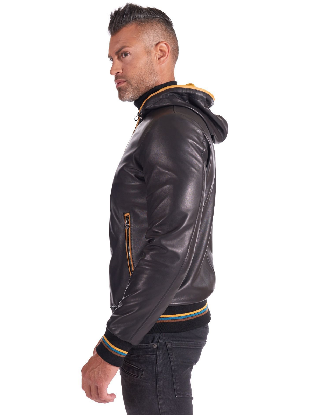 Black and Yellow Men real Leather biker hooded collar Jacket - LJ