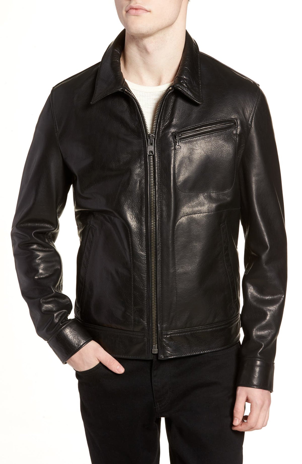 Mens Blace Stand Collar Real Leather Biker Jacket