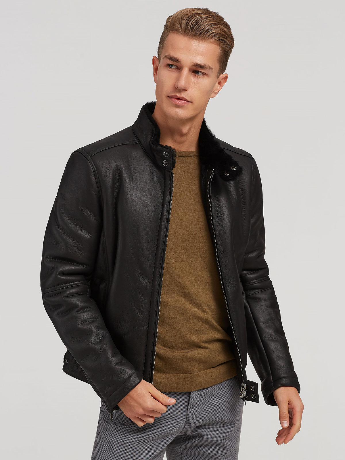 Mens Biker Leather Jacket with Lambskin Lining
