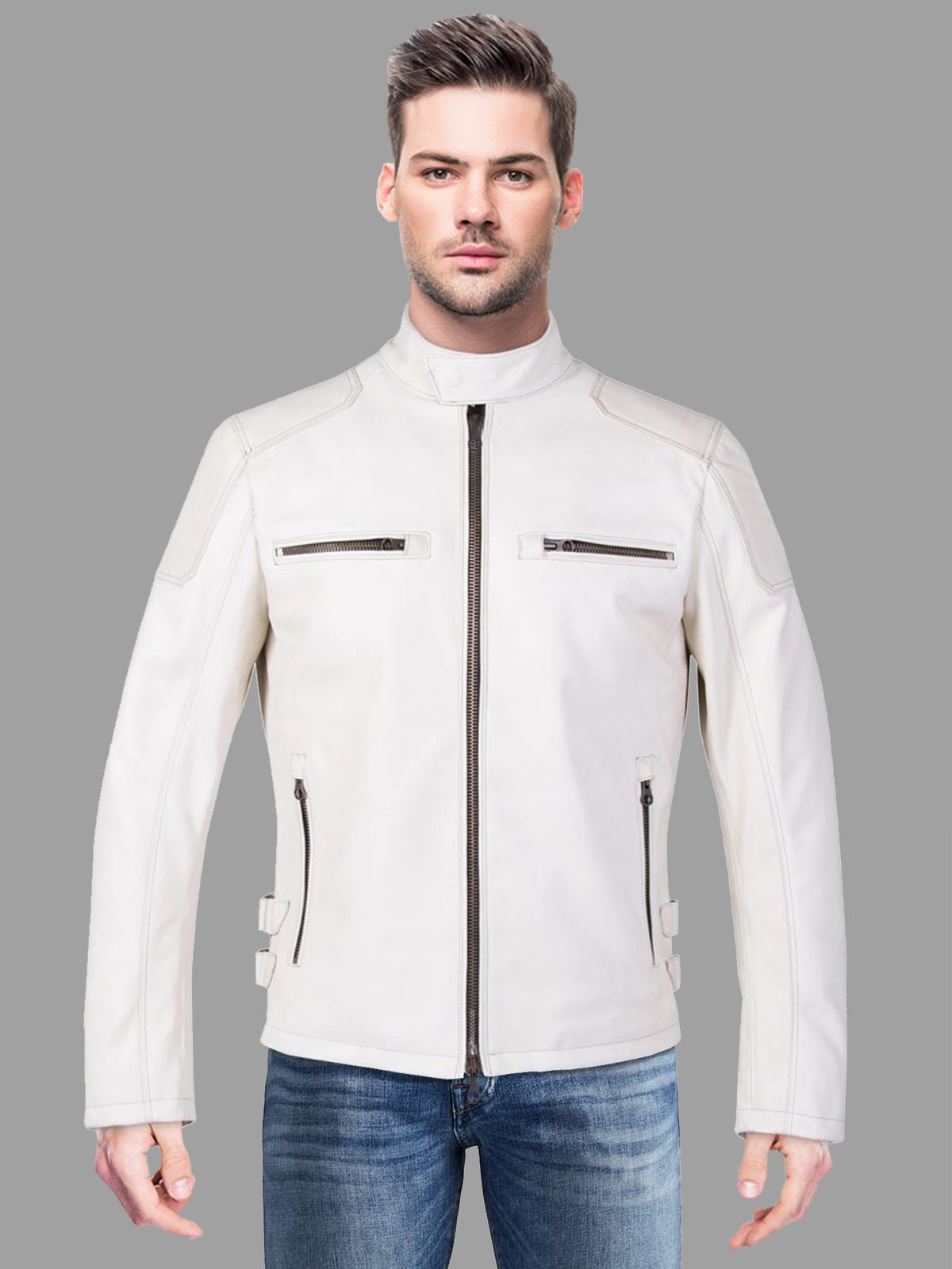 Men's White Biker Leather Jacket - LJ