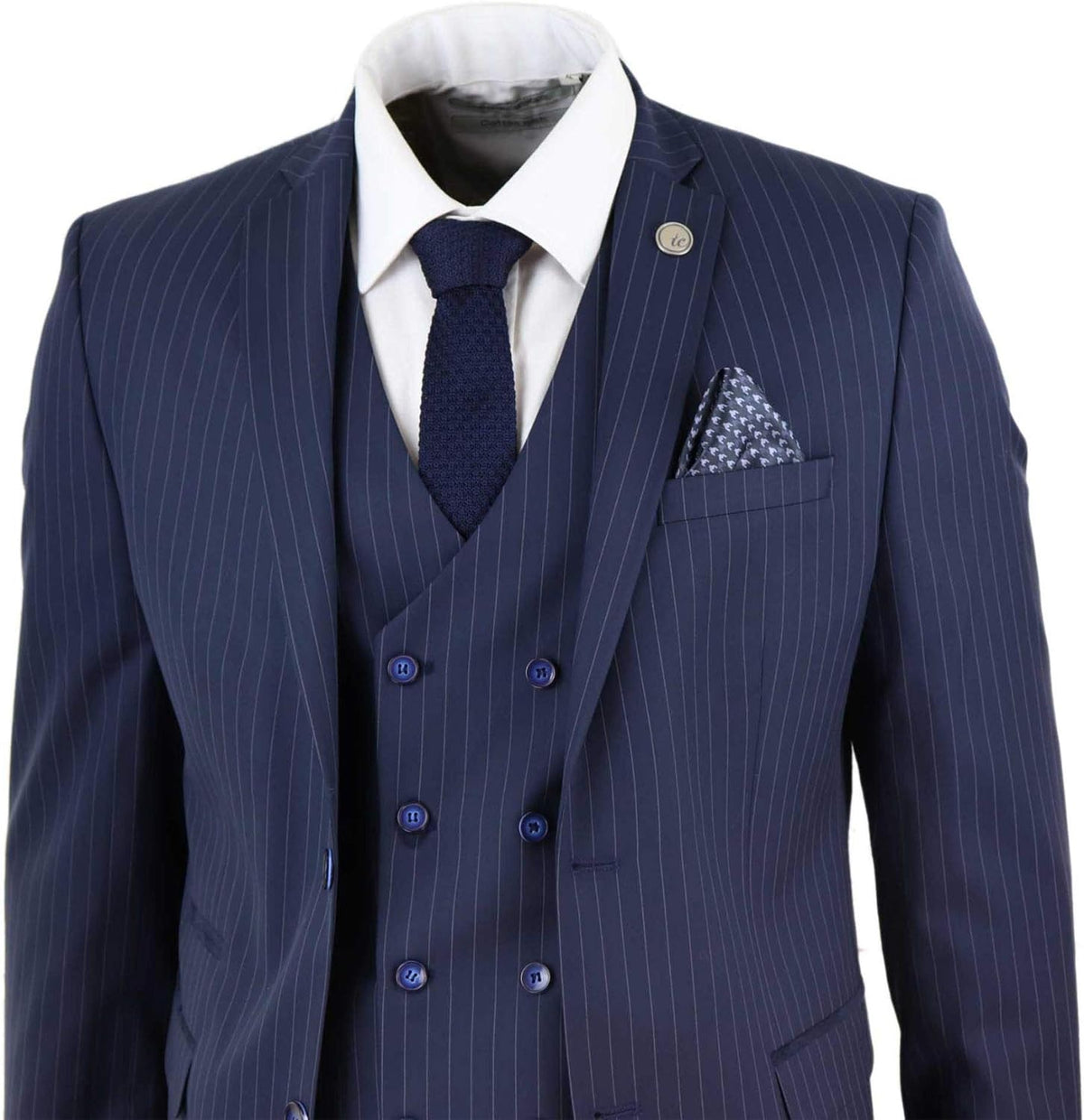 Mens Pinstripe Navy Blue 3 Piece Suit