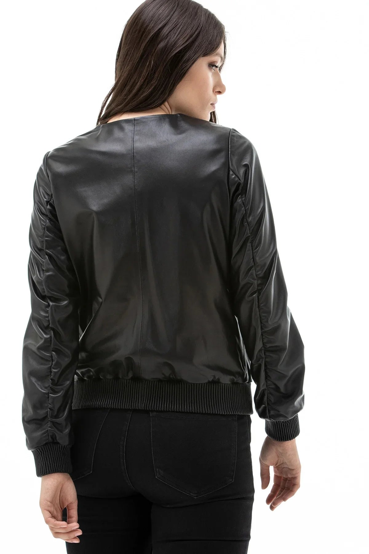 Womens Piano Black Bomber Leather Jacket