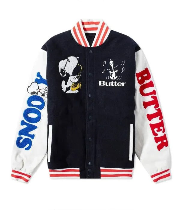 Snoopy Butter Black and White Letterman Varsity Jacket