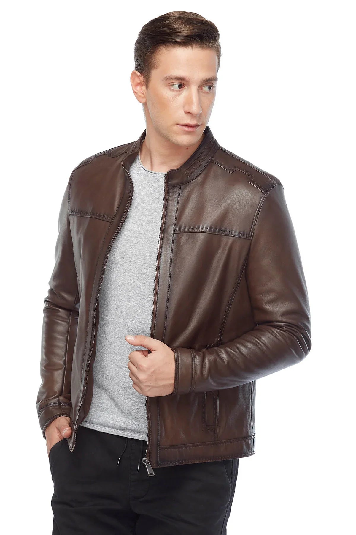 Sport Stitched Classic Real Leather Brown Jacket - LJ