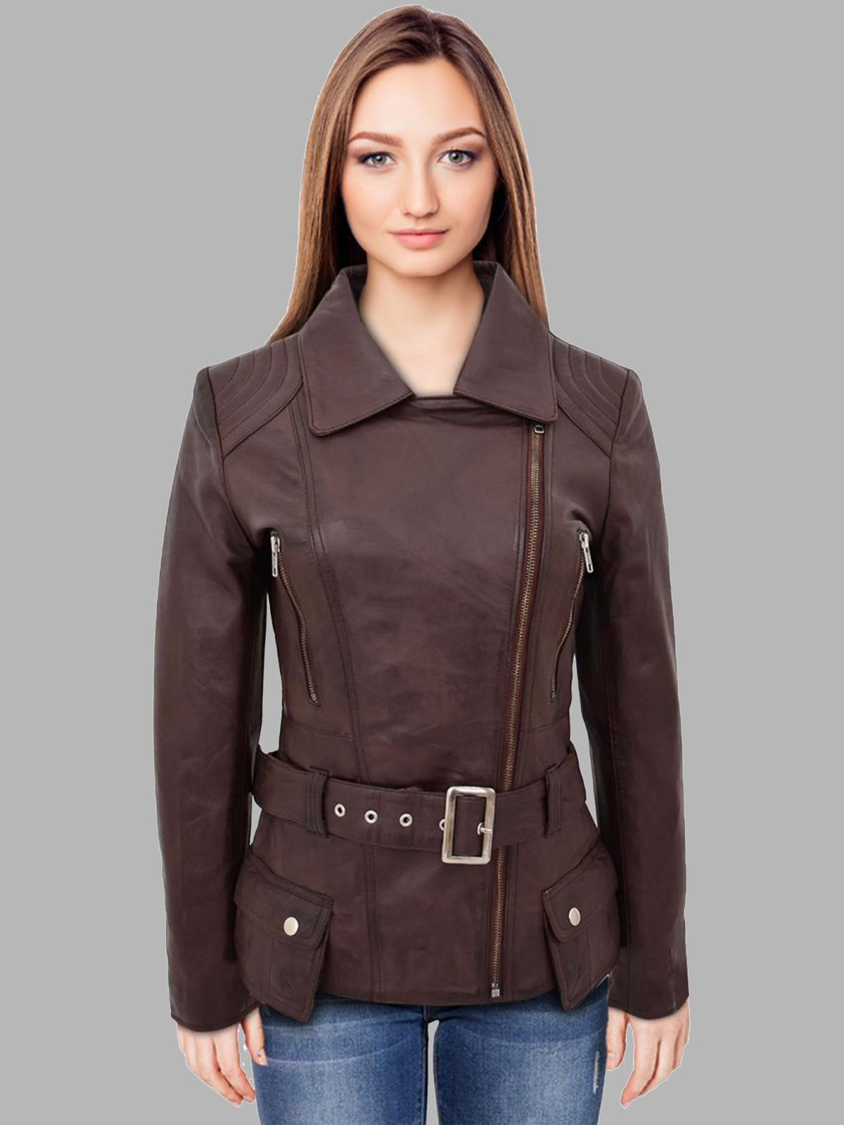 Women Leather Brown Biker Jacket
