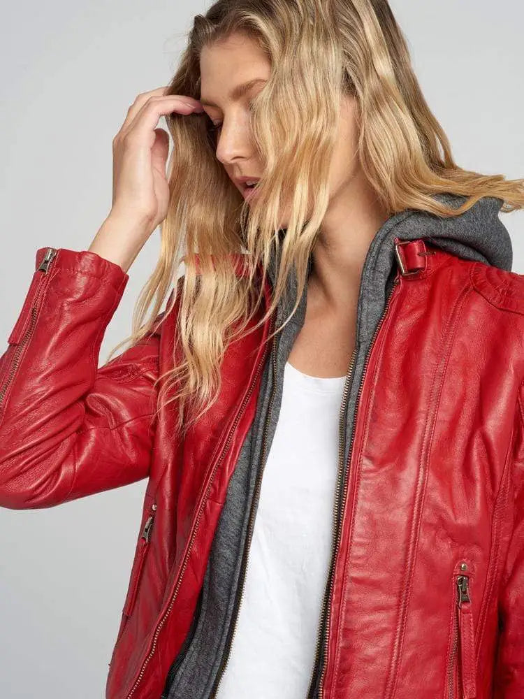 Women Red Removable Hooded Leather Jacket